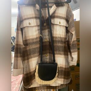 Woven Straw Crossbody Bag with Black Leather Flap